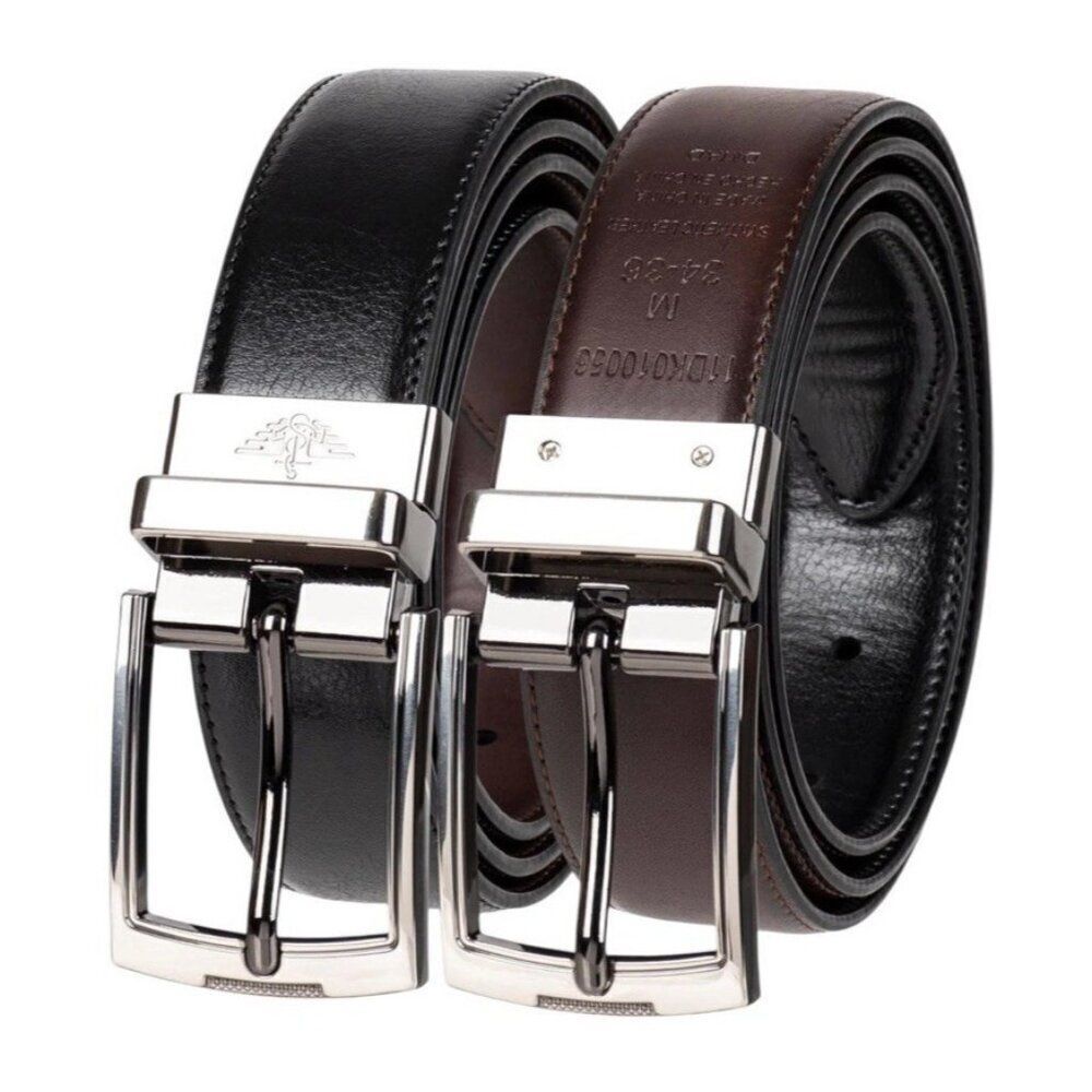 Dockers Men's Small 30 32 Two-in-One Reversible Leather Belt Silver Buckle NWT